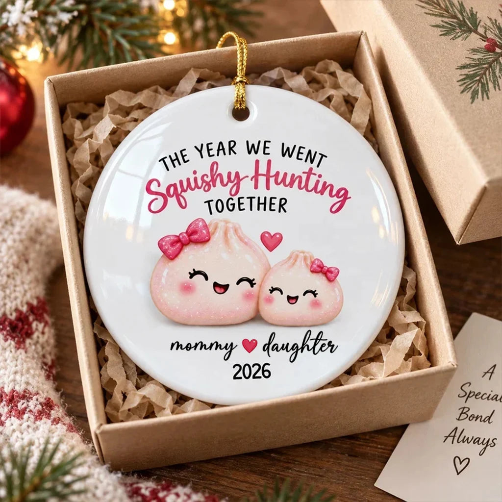 Personalized Ceramic Ornament, Pink Cartoon Mommy Daughter Squishy Hunting Together, Unique Gift for Mom