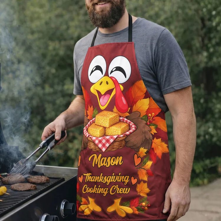 Personalized Thanksgiving Aprons, Smiling Family Cooking Crew in a Warm Fall Kitchen, Unique Gift