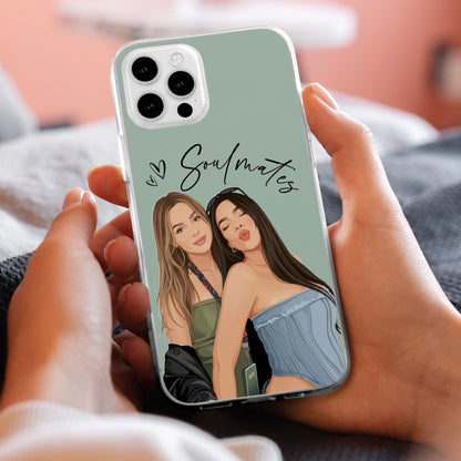 Custom Clear TPU Phone Case For Friends, Pastel Portrait Art Unique Gift With Soulmates Vibe