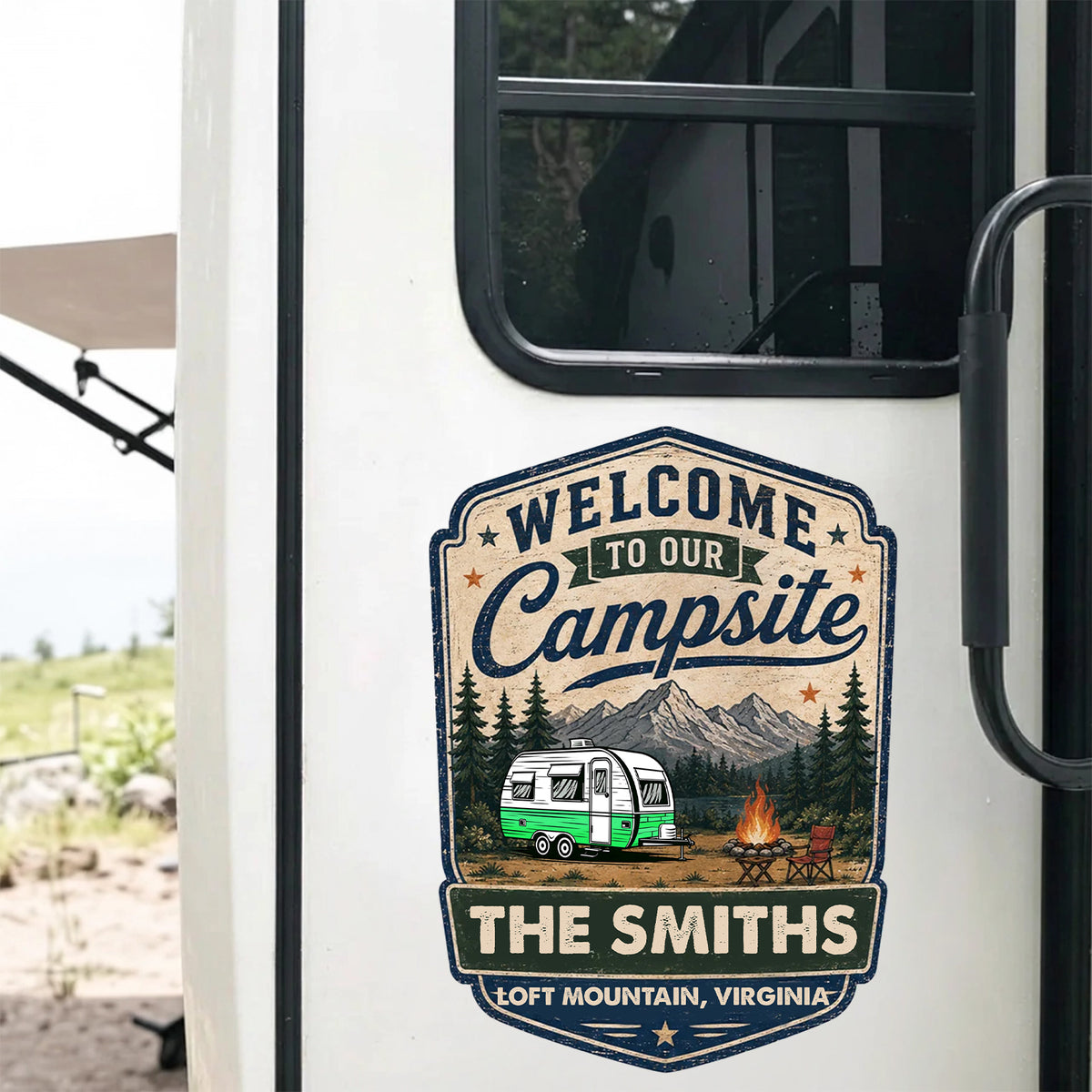Personalized Campsite Sticker Decal, Vintage Camper & Mountain Scene, Unique Gift for Campers