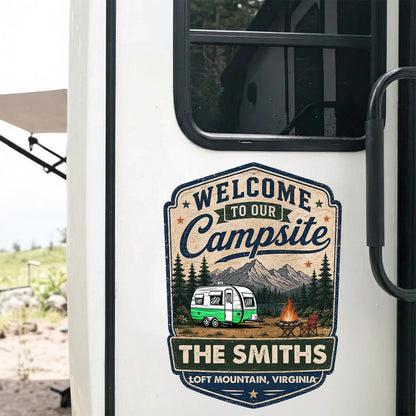 Personalized Campsite Sticker Decal, Vintage Camper & Mountain Scene, Unique Gift for Campers