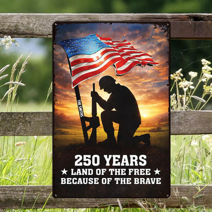 Personalized USA 250th Anniversary Rectangular Iron Sign, Kneeling Soldier Under Flag Porch Decor, Unique Patriotic Gift