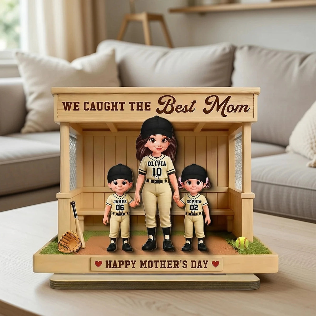 We Caught The Best Mom 2-Layer Wooden Plaque, Personalized Softball Dugout Family Keepsake, Heartfelt Gift