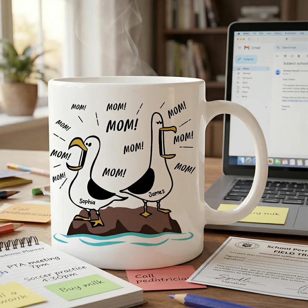 Mom Mom Mom Seagull Cartoon Ceramic Mug, Personalized Name Funny Daily Coffee and Tea Mug, Unique Gift for Mom