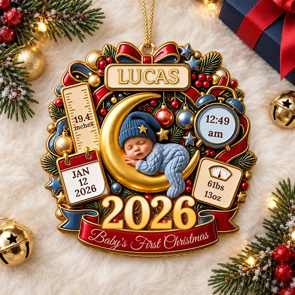 Custom Baby's First Christmas Acrylic Ornament, Sleeping Baby on Moon with Birth Stats, Sweet Keepsake for New Parents