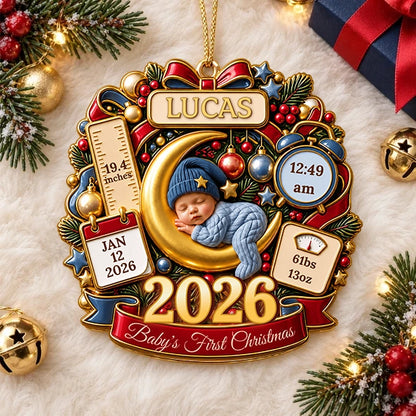 Custom Baby's First Christmas Acrylic Ornament, Sleeping Baby on Moon with Birth Stats, Sweet Keepsake for New Parents
