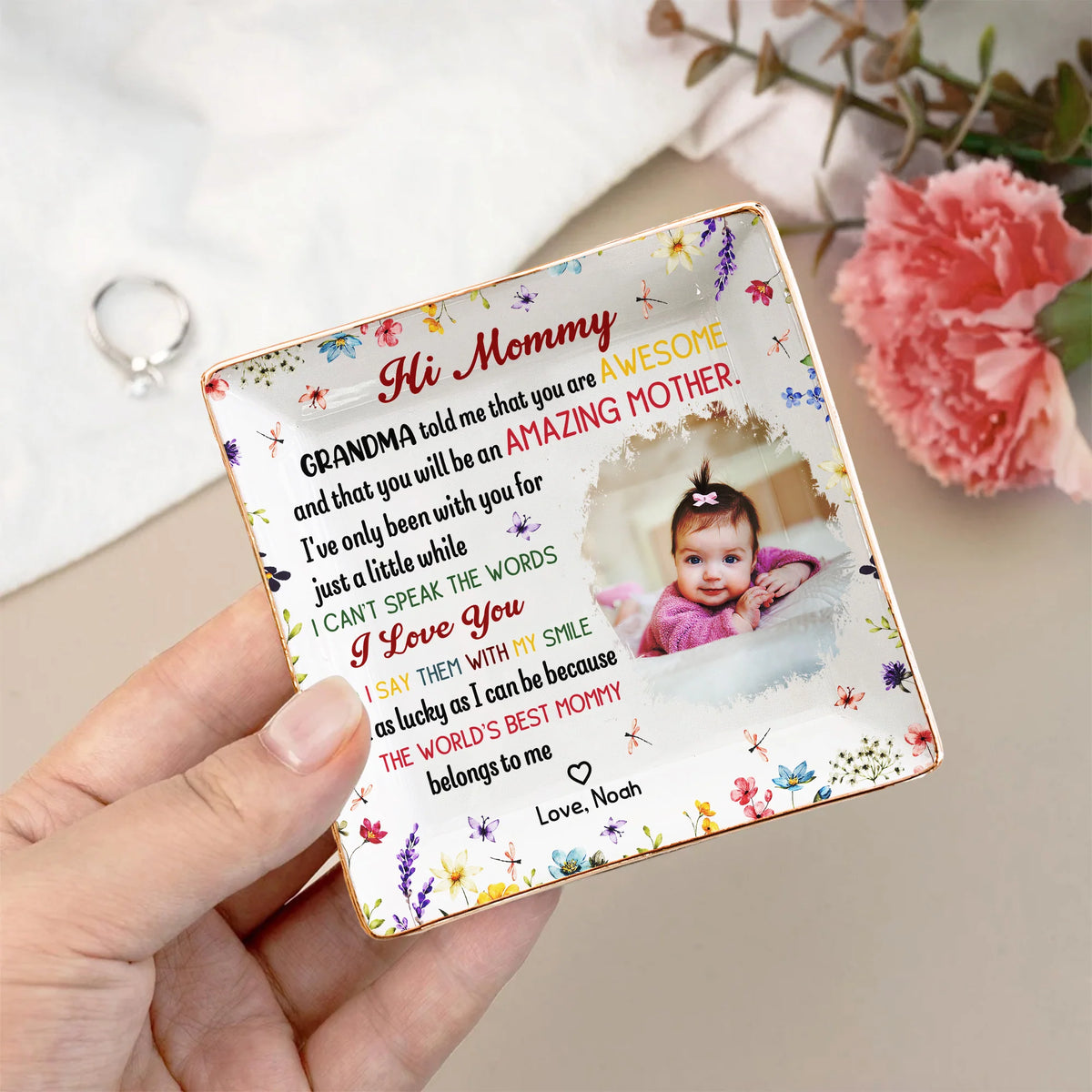 New Mom Jewelry Dish with Baby Photo, Floral Border Design, Sweet Keepsake Catchall, Unique Mother's Day Gift