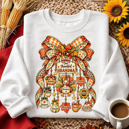 Personalized Thankful Grandma Classic Tee, Autumn Bow and Turkey Design, Unique Thanksgiving Gift for Grandma