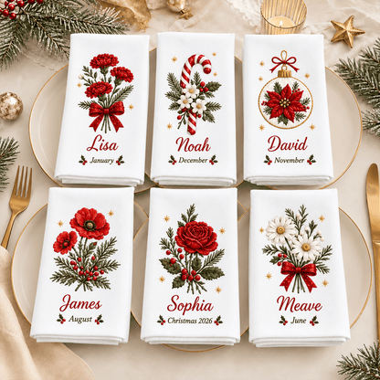 Personalized Reusable Cotton Napkin, Christmas Floral Place Setting, Unique Gift for Family