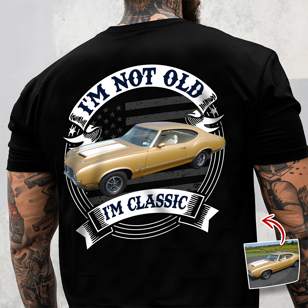 Personalized Dual Print Classic Tee with Red Vintage Car, Unique Creative Gift for Car Enthusiast