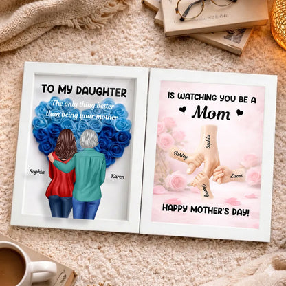 Personalized Foldable Floral Shadow Box, Mom and Daughter Hugging Art, Mother's Day Heartfelt Keepsake, Unique Gift for Mom