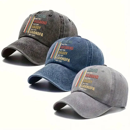 Washed Denim Baseball Cap with Personalized Vintage Legend Message, Everyday Casual Hat for Husband or Grandpa, Thoughtful Gift