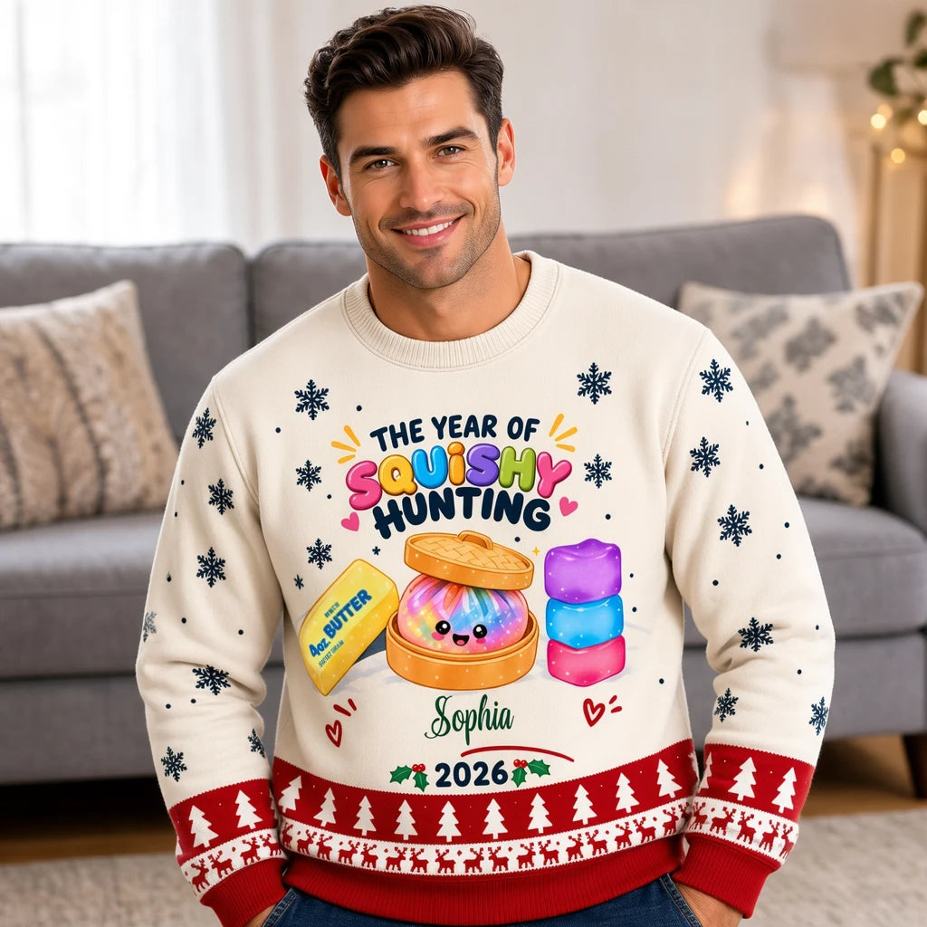 Custom Year of Squishy Hunting Christmas Sweatshirt, Cute Kawaii Toy Collector Design, Personalized Name & Year Holiday Gift
