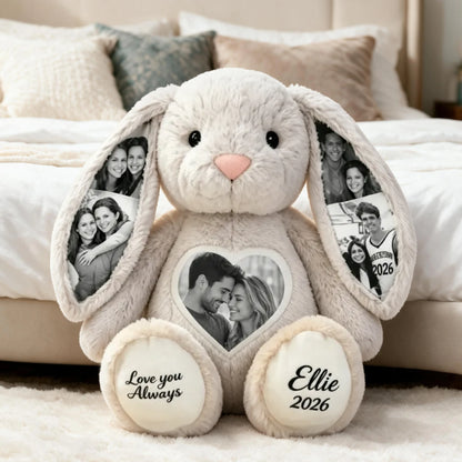 Multi-Print Plush Bunny With Love You Always Photo Collage, Cozy Bedroom Keepsake, Unique Creative Gift for Partner