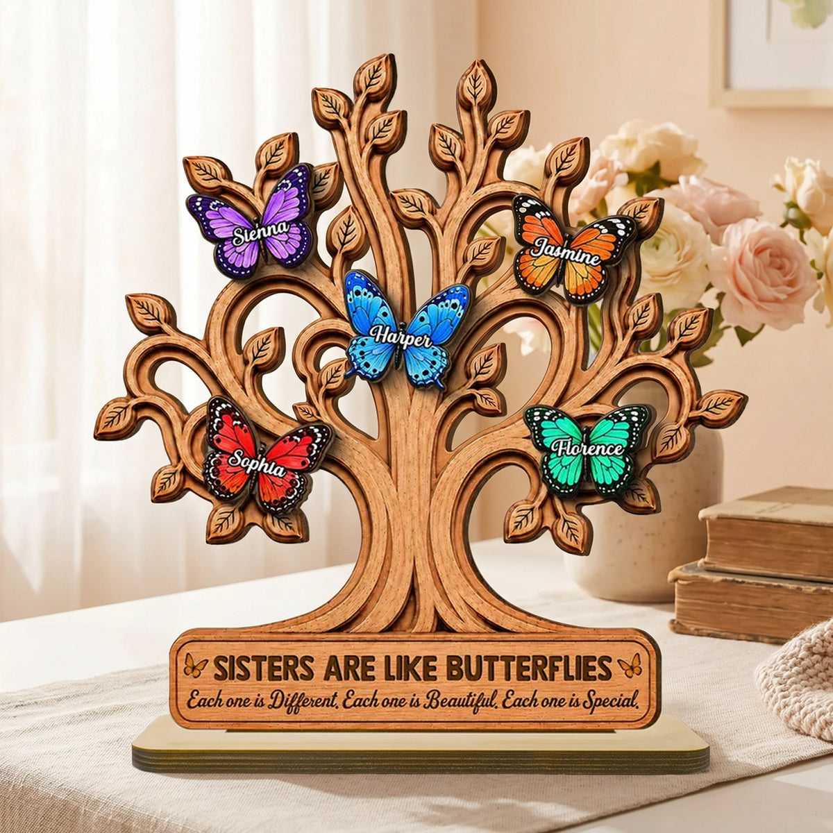 Personalized Wooden Plaque with Butterfly Tree, Unique Gift for Sisters & Family Keepsake