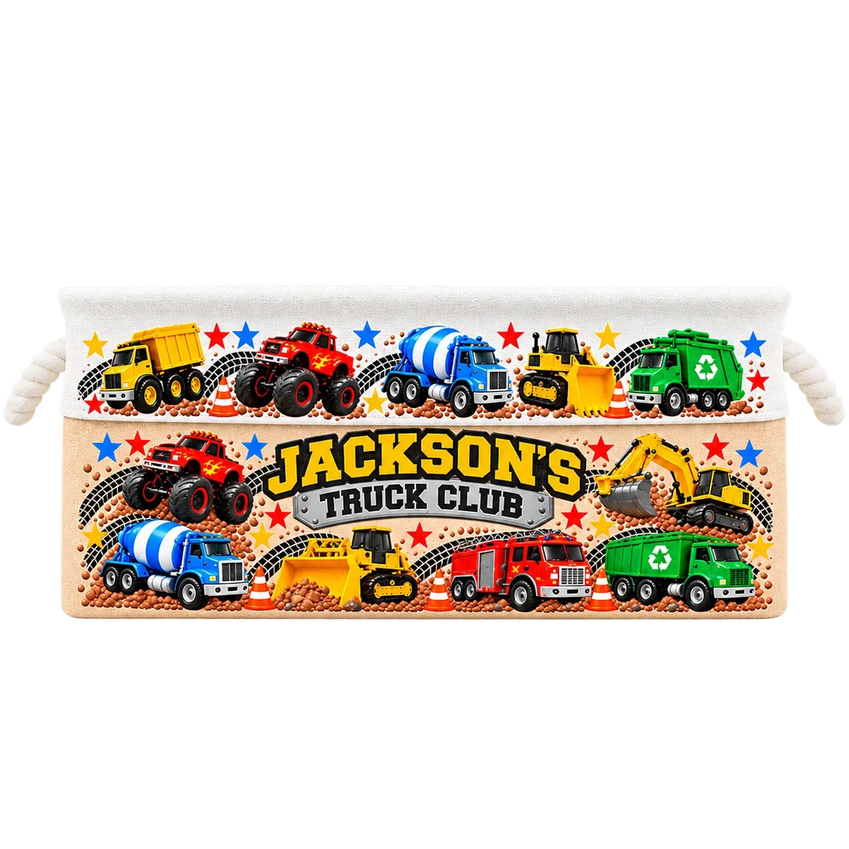 Personalized Cotton Linen Rope Basket, Colorful Construction Trucks, Unique Gift for Young Truck Fans