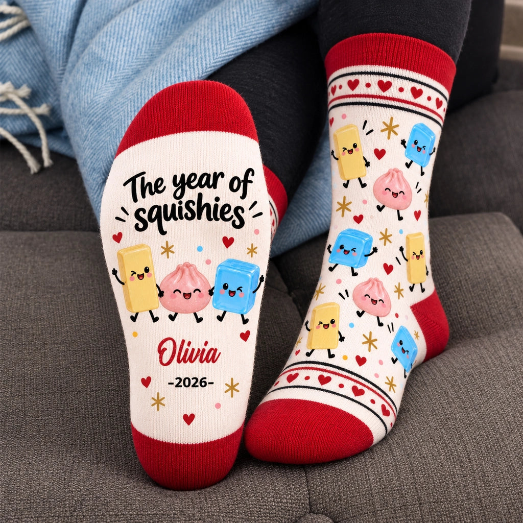 Personalized The Year of Squishies Crew Socks, Playful Kawaii Cartoon Design, Custom Name and Year, Fun Christmas Gift
