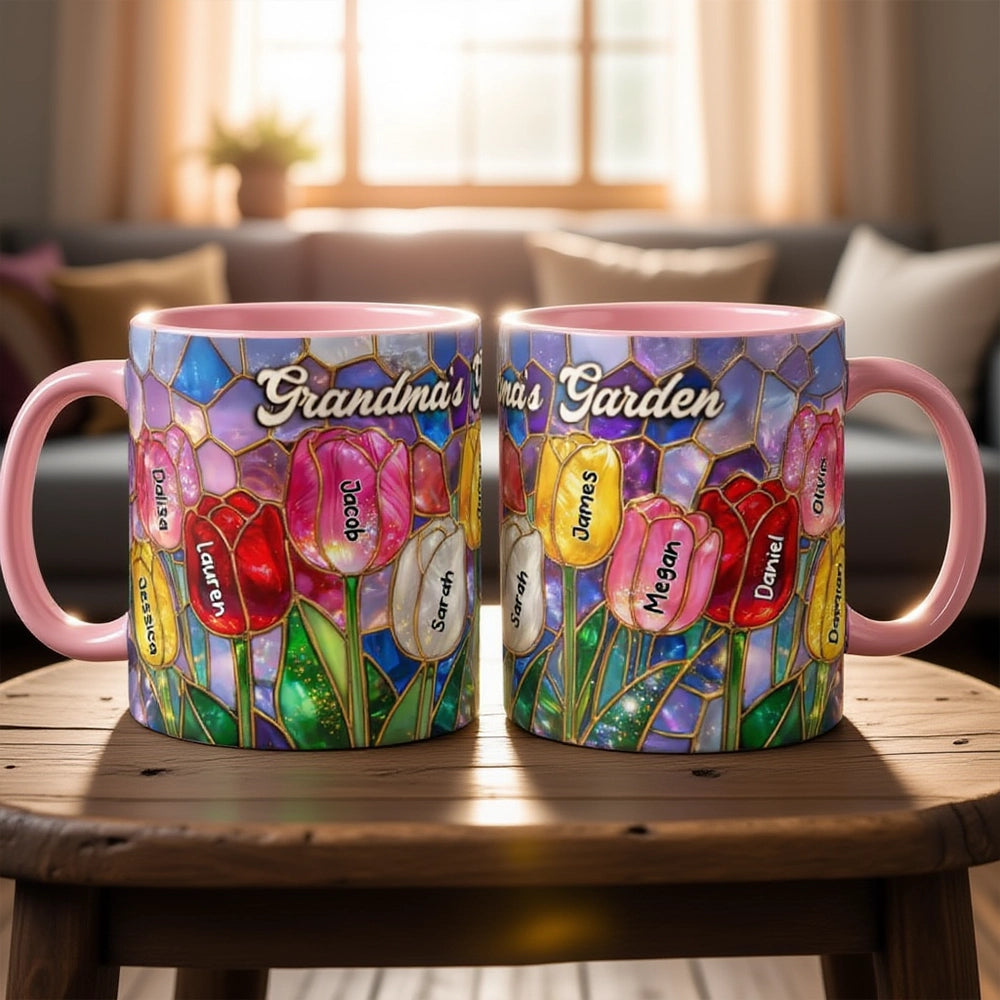 Grandma's Garden Two-Tone Mug, Personalized Tulip Bouquet Look, Sweet Daily Coffee Gift for Grandma