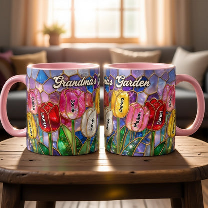 Grandma's Garden Two-Tone Mug, Personalized Tulip Bouquet Look, Sweet Daily Coffee Gift for Grandma