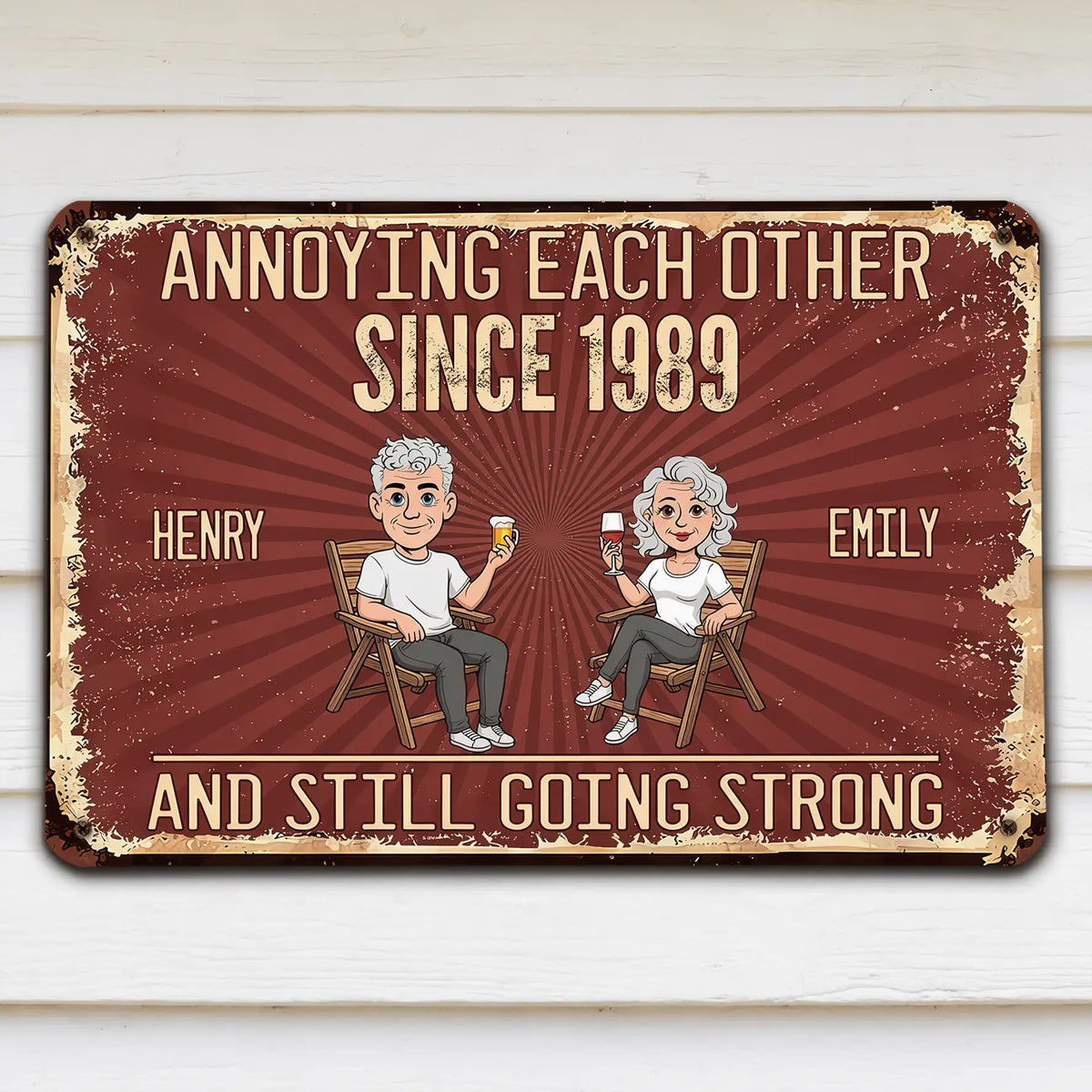 Personalized Rectangular Iron Sign, Vintage Couple Humor With Seated Drinks, Unique Gift for Husband & Wife