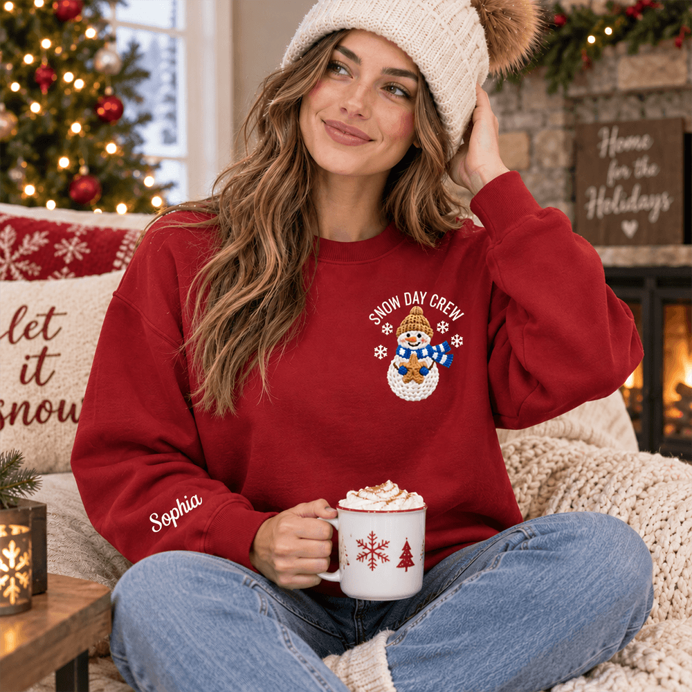 Dual Print Sweatshirt, Personalized Snow Day Crew Snowman Design, Creative Seasonal Gift for Family