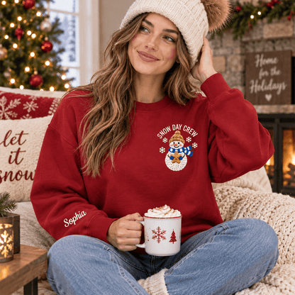 Dual Print Sweatshirt, Personalized Snow Day Crew Snowman Design, Creative Seasonal Gift for Family