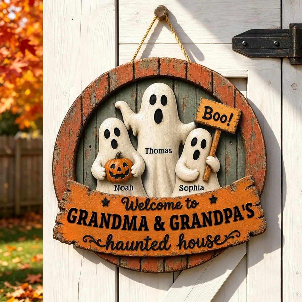Grandma & Grandpa's Haunted House Wooden Sign, Personalized Ghosts With Pumpkin, Creative Halloween Gift