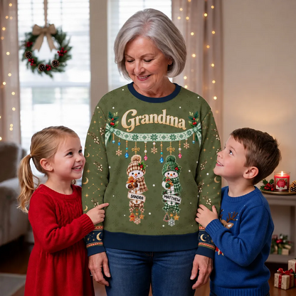 Grandma Printed Sweatshirt, Personalized Snowman Family in Festive Red, Creative Christmas Gift from Grandkids