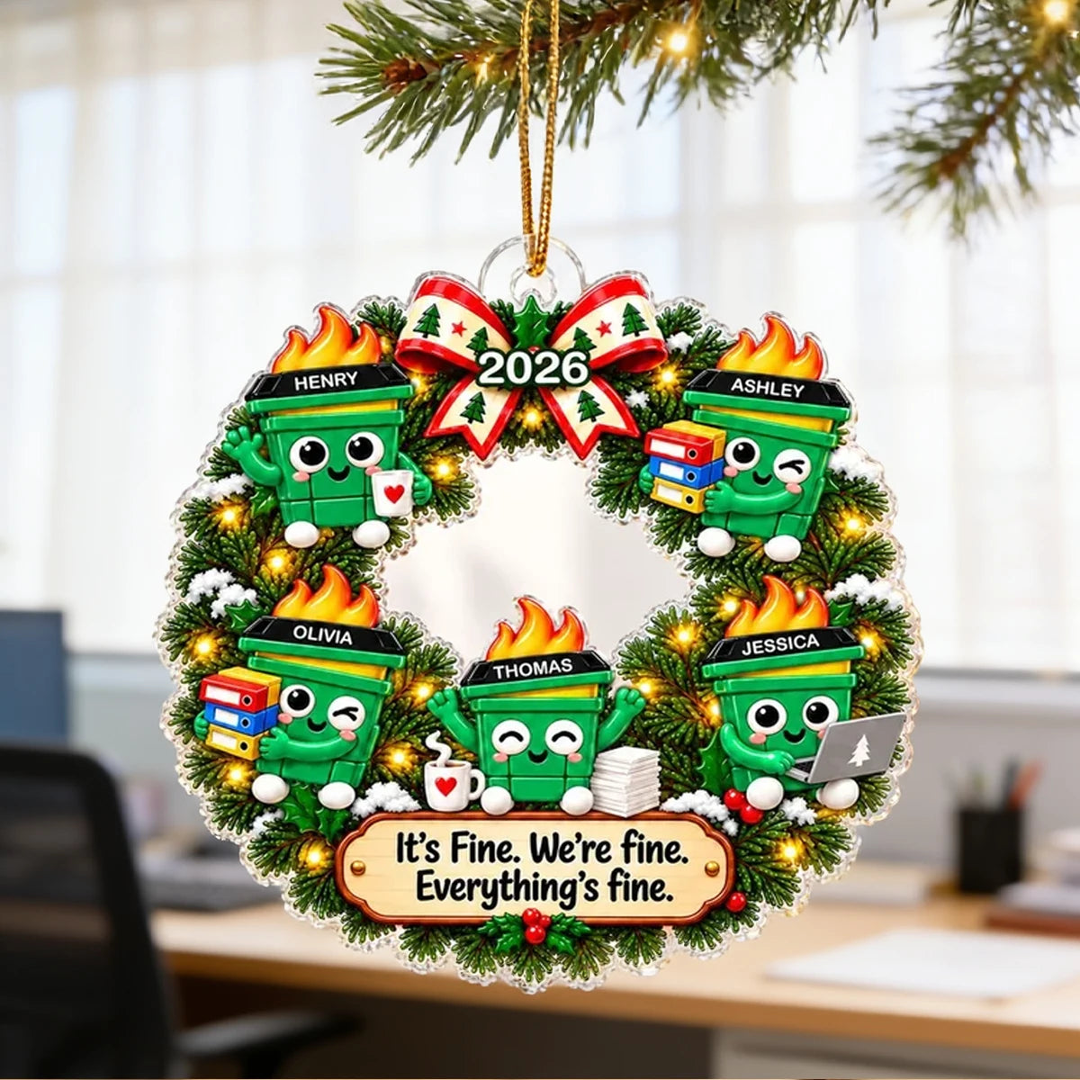Personalized Acrylic Ornament, Cute Dumpster Fire Office Wreath, Unique Christmas Gift for Coworkers