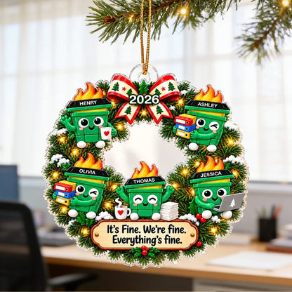 Personalized Acrylic Ornament, Cute Dumpster Fire Office Wreath, Unique Christmas Gift for Coworkers
