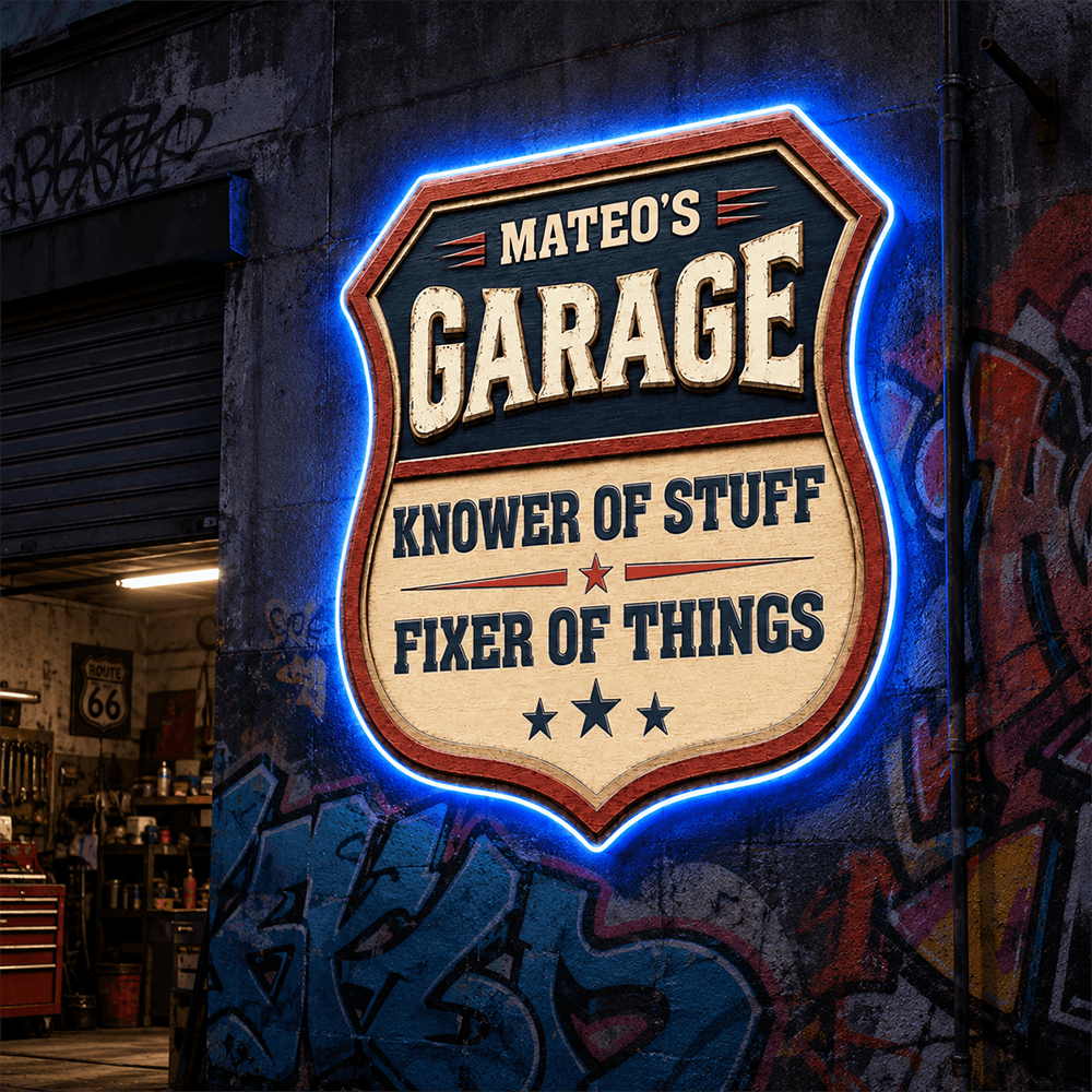Personalized Garage LED Sign, Fixer of Things Custom Name Sign, Unique Gift for Car Lovers & Mechanics