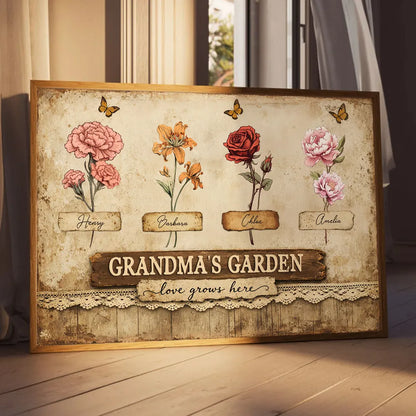Personalized Grandma's Garden Poster, Vintage Floral Butterflies Wall Art, Unique Gift for Grandma or Mom