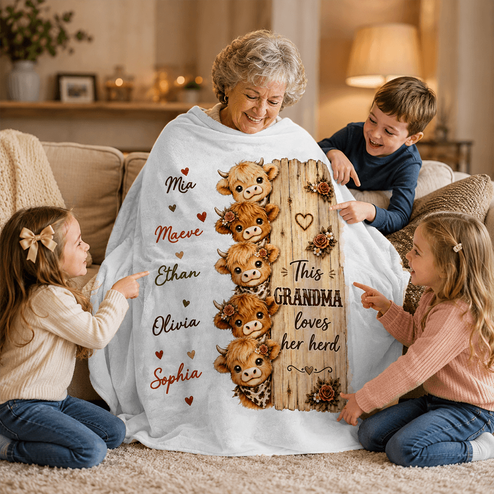 Personalized Grandma’s Herd Highland Cow Blanket with Grandkids’ Names, Cozy Gift for Grandma
