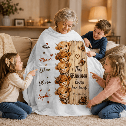 Personalized Grandma’s Herd Highland Cow Blanket with Grandkids’ Names, Cozy Gift for Grandma