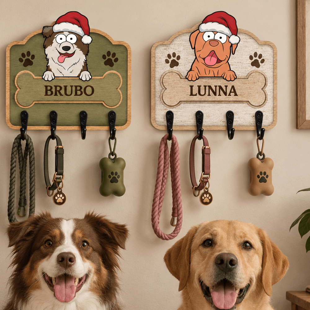 Personalized Dog Breed Key Holder, Custom Christmas Dog Key Rack with Name, Wooden Leash Holder Wall Decor, Perfect Gift for Dog Lovers