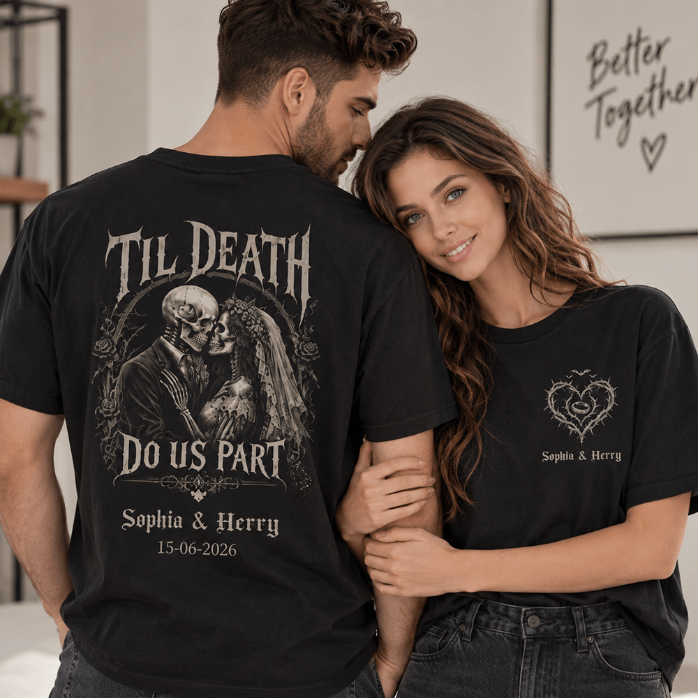 Personalized Gothic Skeleton Couple Dual Print T-Shirt, Custom Names & Date, Unique Wedding or Anniversary Gift