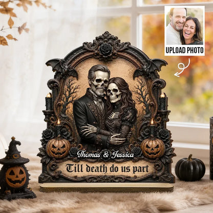 Personalized 2-Layer Wooden Plaque, Embracing Skeleton Couple, Unique Gothic Halloween Gift for Couples