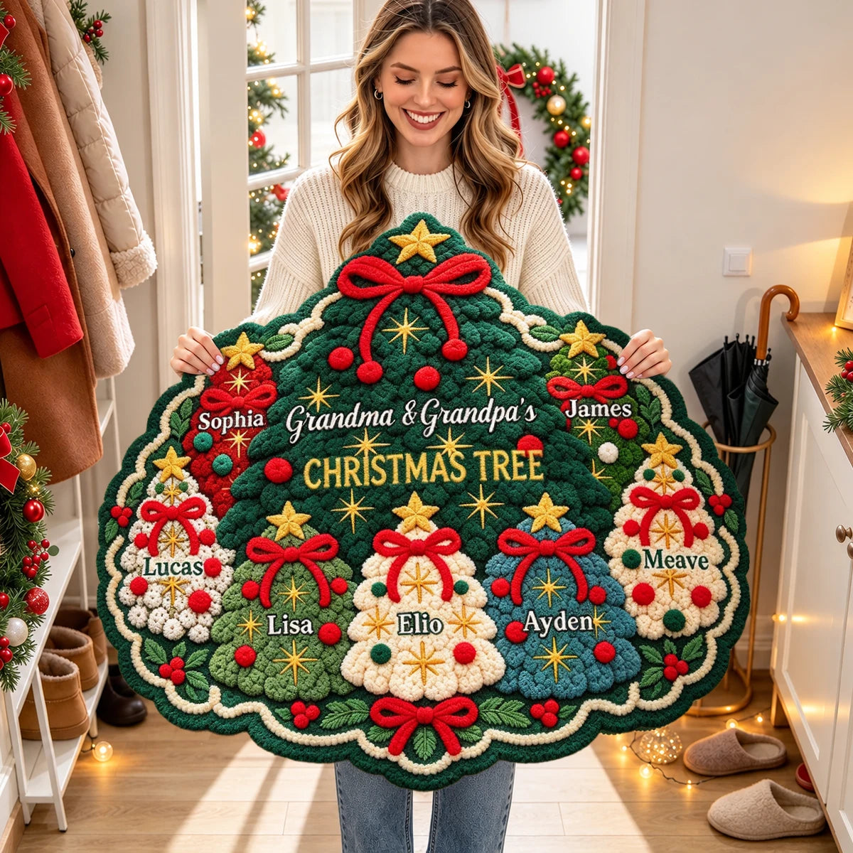 Personalized Festive Christmas Tree Shaped Doormat with Family Names, Colorful Holiday Decor, Gift for Grandparents