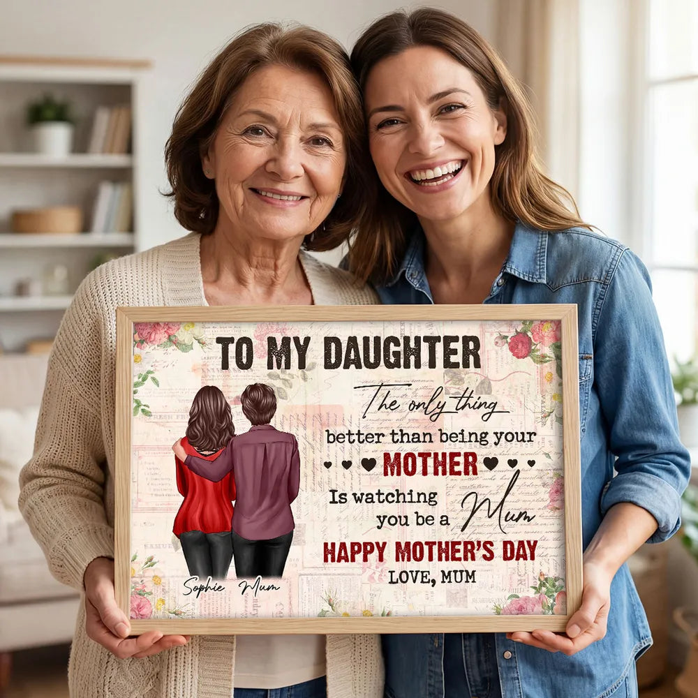 Personalized Mother Daughter Hug Poster, Vintage Floral Lettering Wall Art, Unique Mother's Day Gift for Mom