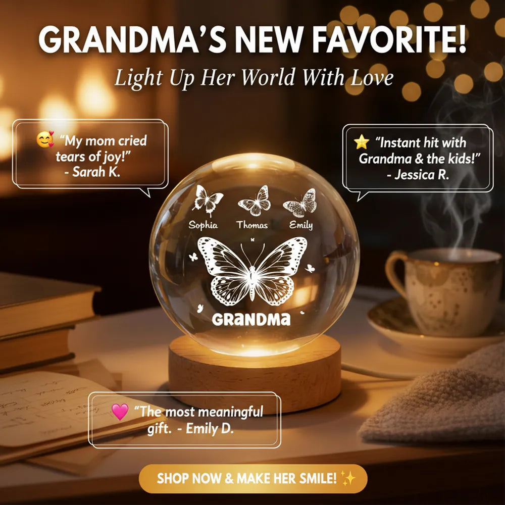 Butterfly Glow Globe Lamp Personalized for Grandma, Cozy Bedside Decor, Thoughtful Unique Gift from Grandkids