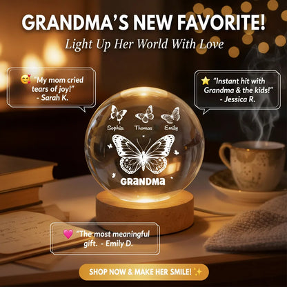 Butterfly Glow Globe Lamp Personalized for Grandma, Cozy Bedside Decor, Thoughtful Unique Gift from Grandkids