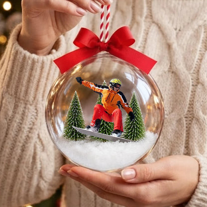Personalized Acrylic Snow Globe Ornament, Snowboarder Riding Through Snowy Evergreens, Unique Christmas Gift for Winter Sports Fans