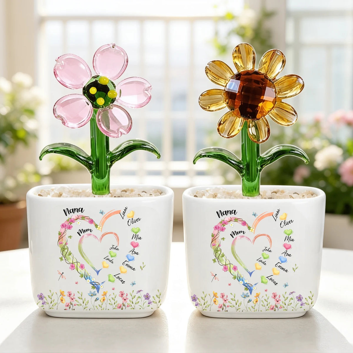 Personalized Family Heart Ceramic Planter with Glass Flowers, Custom Kids Names Gift for Mom or Grandma
