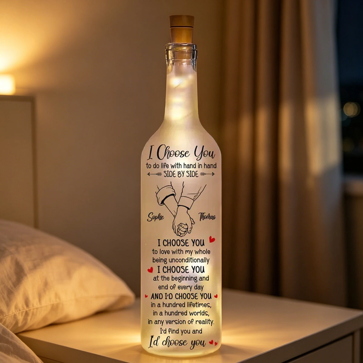 Personalized Bottle Lamp with I Choose You Quote, Holding Hands Design, Unique Gift for Couples
