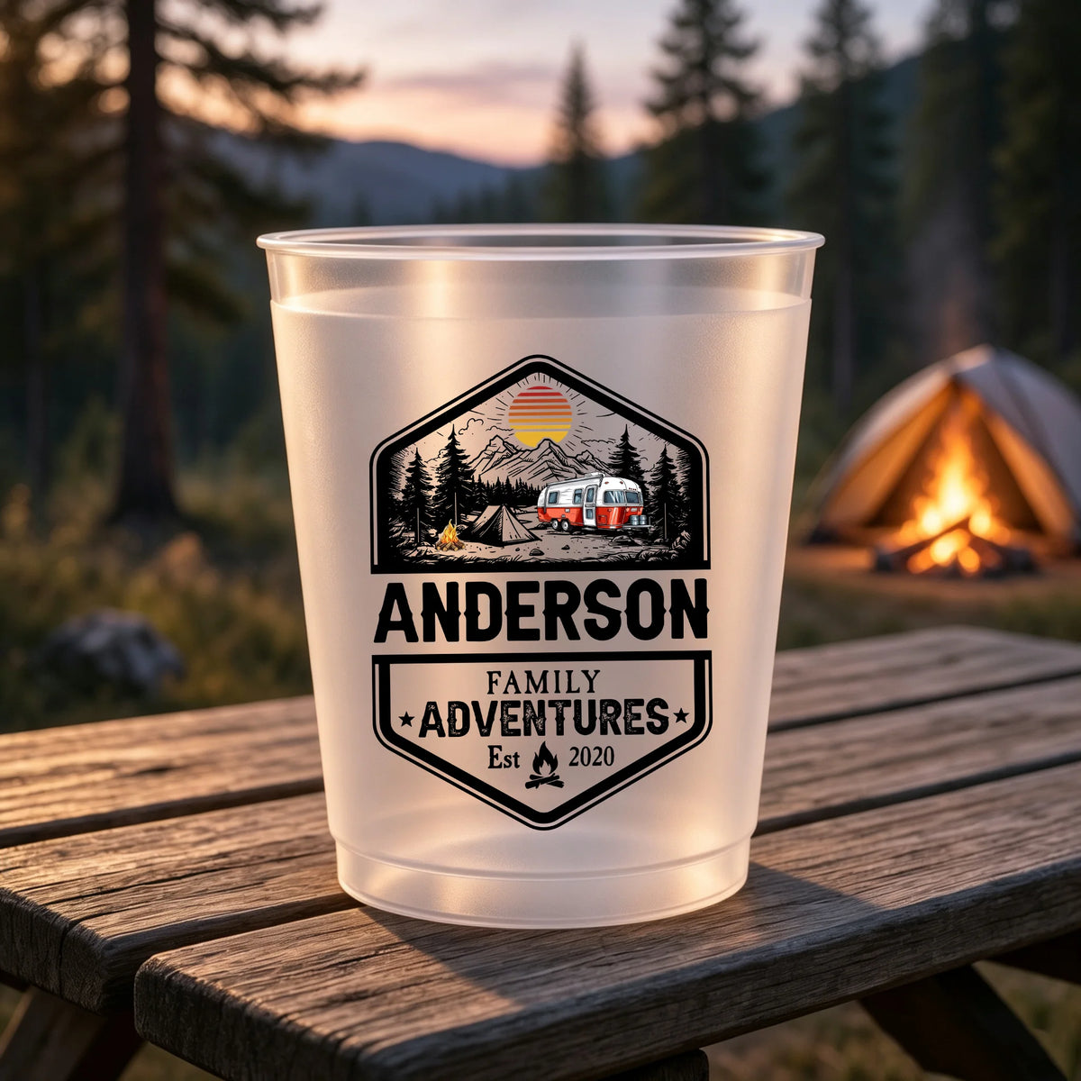 Personalized Family Camping Cups, Custom Surname & Year, Tent or RV Adventure Gift for Campers