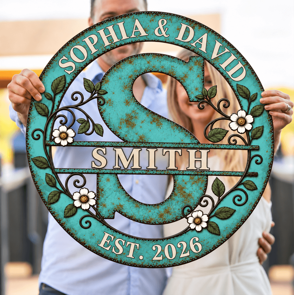 Personalized Shaped Metal Sign, Teal Floral Monogram for a Sunlit Porch, Unique Housewarming Gift for Family