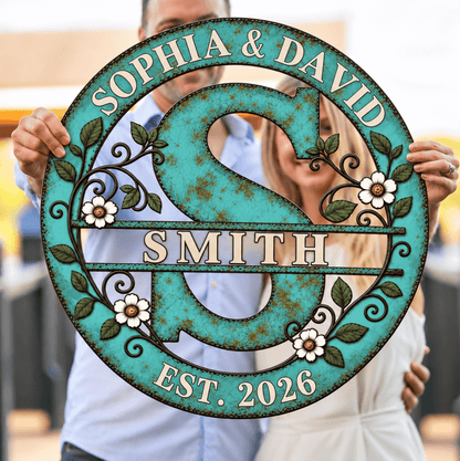 Personalized Shaped Metal Sign, Teal Floral Monogram for a Sunlit Porch, Unique Housewarming Gift for Family