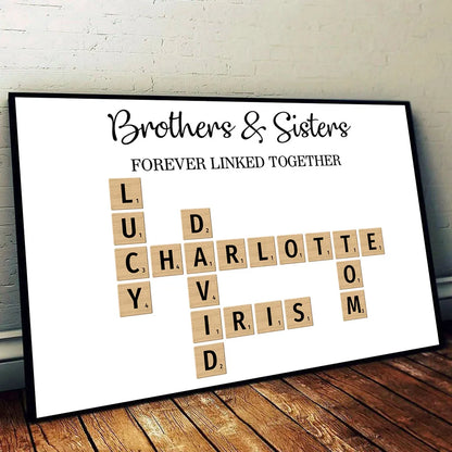 Brothers & Sisters Forever Linked Together Crossword Puzzle Art Personalized Poster or Plaque or Keychain or Ornament, Gift For Siblings, Family