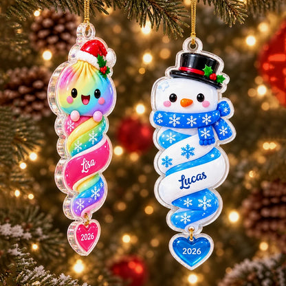 Personalized Cute Cartoon Christmas Acrylic Ornament with Custom Name & Year, Colorful Holiday Tree Decoration