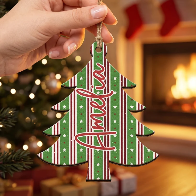 Personalized Wooden Ornament, Plaid Christmas Tree Keepsake, Unique Gift for Family